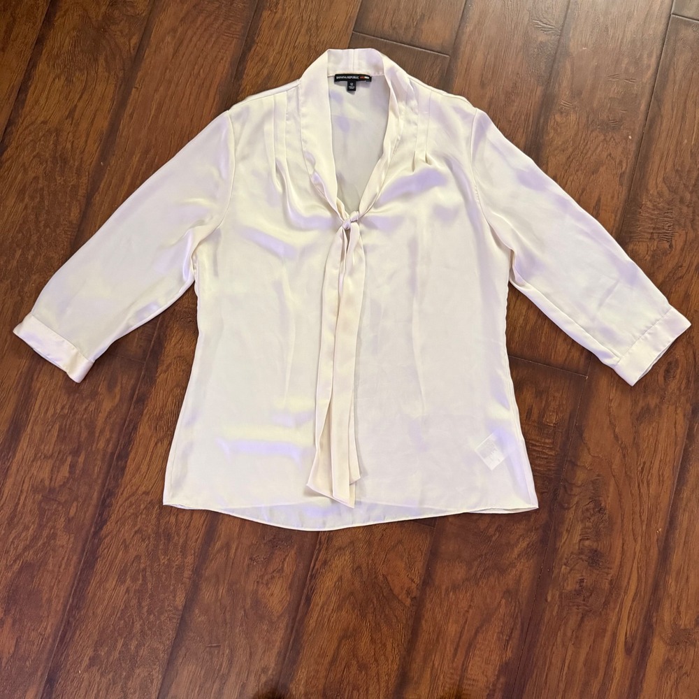 Banana Republic Mad‎ Men Blouse Women 12 Ivory Excellent Tie Neck 3/4 Sleeve